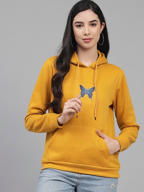 

Kotty Women Mustard Printed Fleece Hooded Sweatshirt