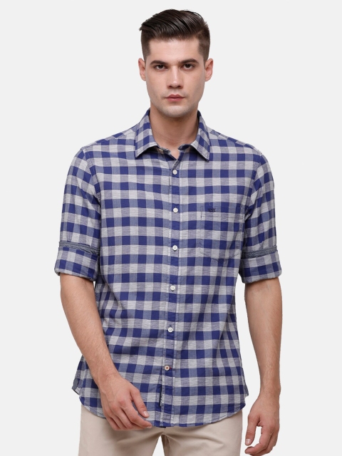 

Double Two Men Blue Slim Fit Checked Casual Cotton Shirt
