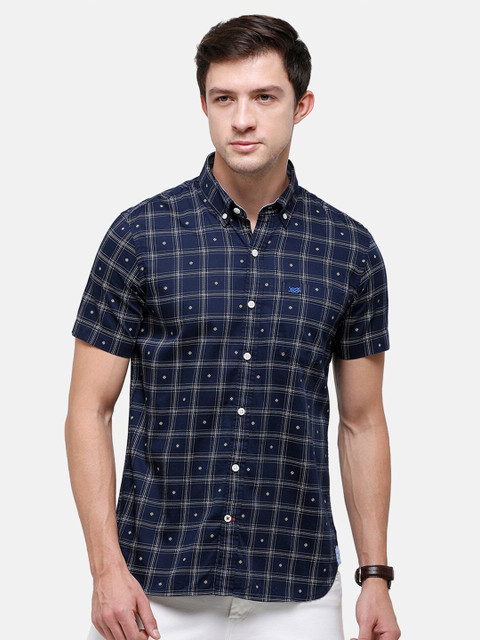 

Double Two Men Navy Blue Slim Fit Windowpane Checks Checked Casual Shirt