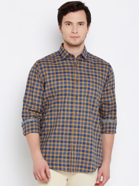 

Blackberrys Men Mustard Yellow & Blue Slim Fit Checked Casual Shirt
