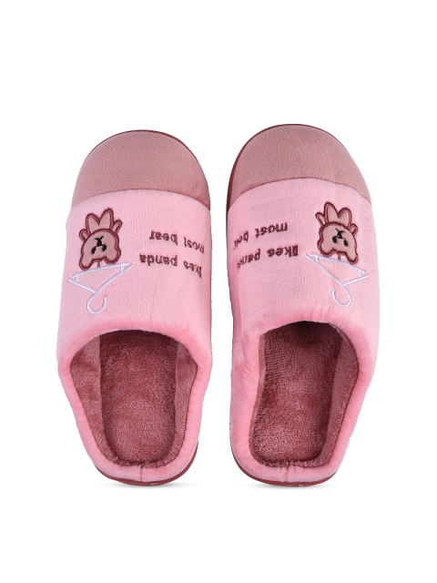 

CASSIEY Women Peach-Colored & White Embroidered Fur Room Slippers