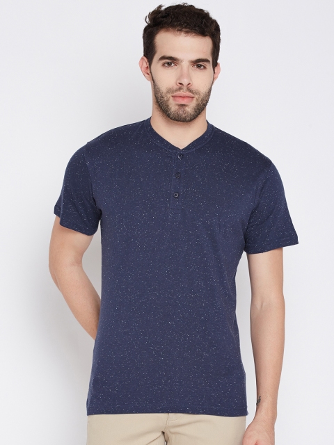 

John Players Men Blue Solid Slim Fit Henley Neck Pure Cotton T-shirt