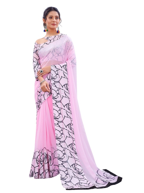 

M M Venture Pink & Black Floral Pure Georgette Saree