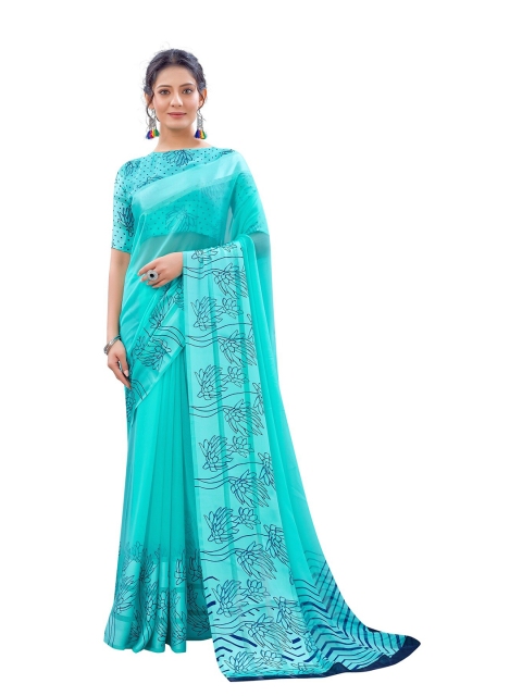 

M M Venture Blue & Black Floral Pure Georgette Saree