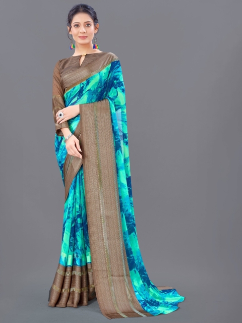 

M M Venture Blue & Brown Floral Pure Georgette Saree