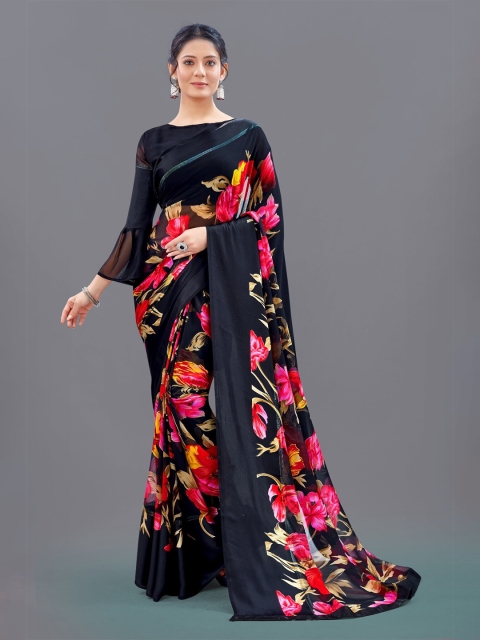 

M M Venture Black & Pink Floral Pure Georgette Saree