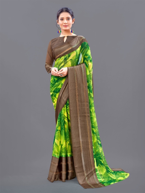 

M M Venture Green & Brown Floral Pure Georgette Saree