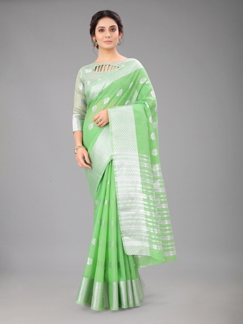 

M M Venture Green & Silver-Toned Woven Design Zari Linen Blend Saree