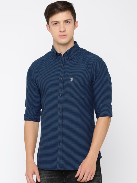 

U.S. Polo Assn. Men Blue & Black Tailored Fit Striped Casual Shirt