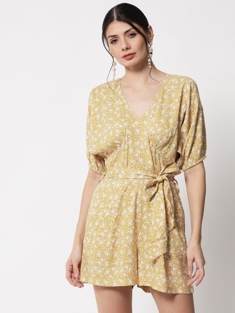 

The Vanca Yellow & White Floral Printed V Neck Basic Jumpsuit