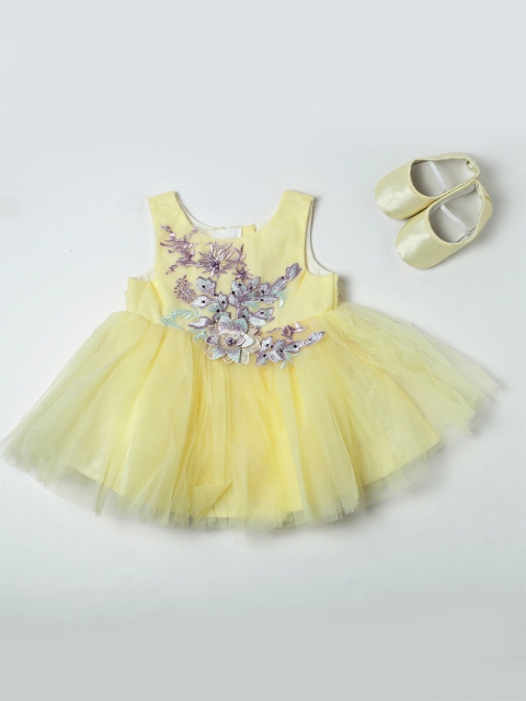 

Nuberry Yellow & Silver-Toned Embroidered Net Dress