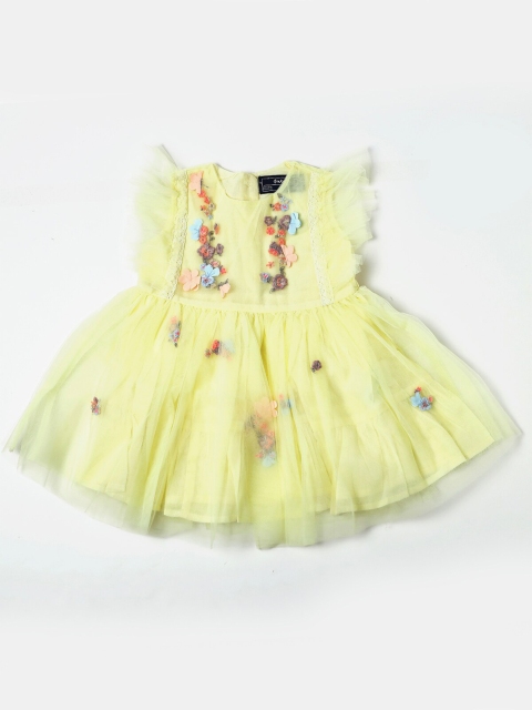 

Nuberry Girls Yellow & Blue Cotton Floral Embroidered Net Dress