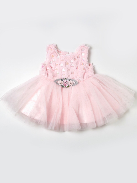 

Nuberry Pink Cotton Net Fit and Flare Tulle Dress with Corsage Detail
