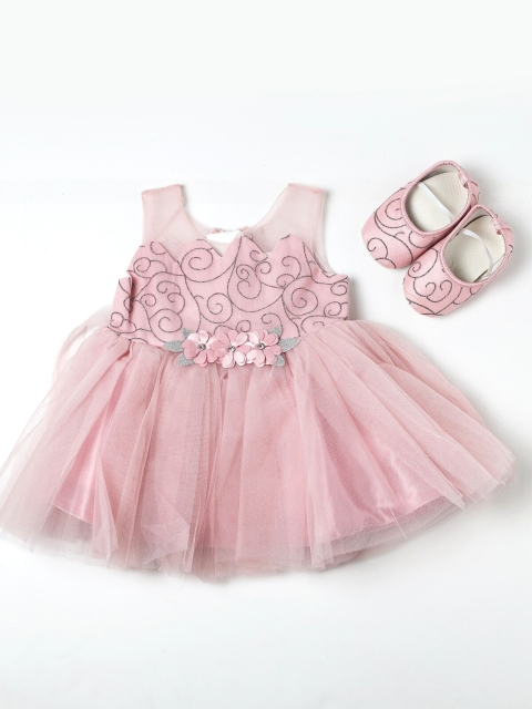 

Nuberry Girls Pink Self Design Net Fit and Flare Dress
