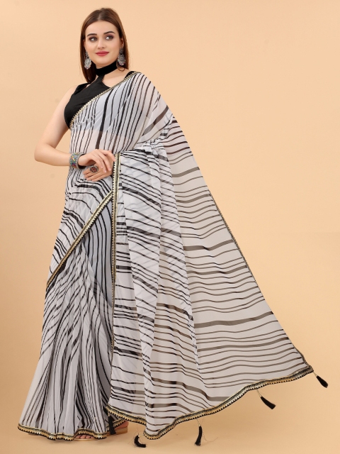 

M M Venture Black & White Striped Pure Georgette Saree