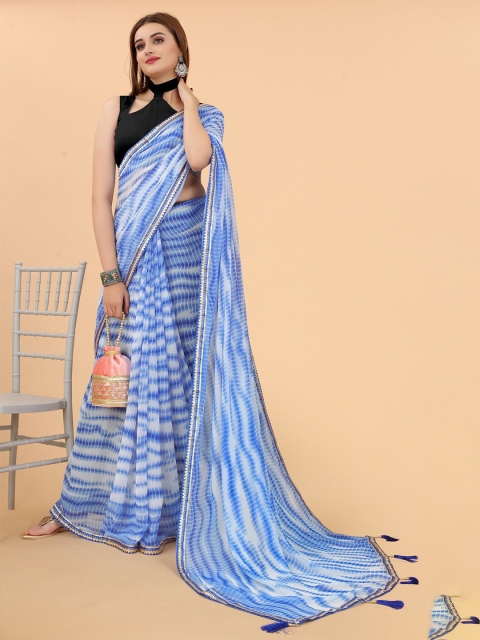 

M M Venture Blue & Olive Green Tie and Dye Pure Georgette Saree