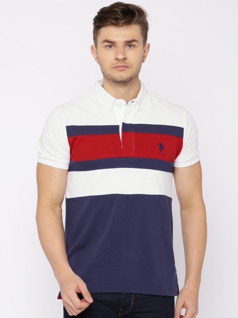 

U.S. Polo Assn. Men White & Navy Colourblocked Polo T-shirt