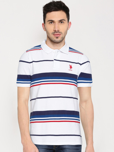 

U.S. Polo Assn. Men White Striped Polo Collar T-shirt