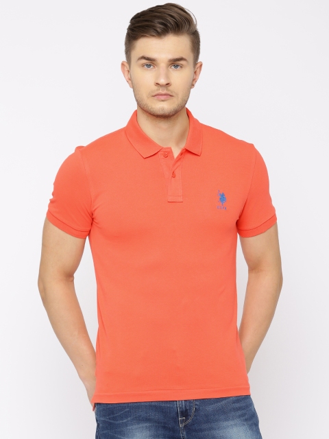 

U.S. Polo Assn. Men Coral Pink Solid Polo Collar T-shirt