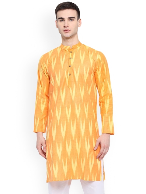 

Vastraa Fusion Men Orange Woven Design Ikat Straight Short Cotton Kurta