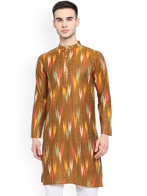 

Vastraa Fusion Men Brown Woven Design Ikat Straight Short Cotton Kurta