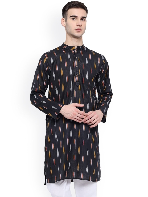 

Vastraa Fusion Men Black Woven Design Ikat Straight Cotton Kurta