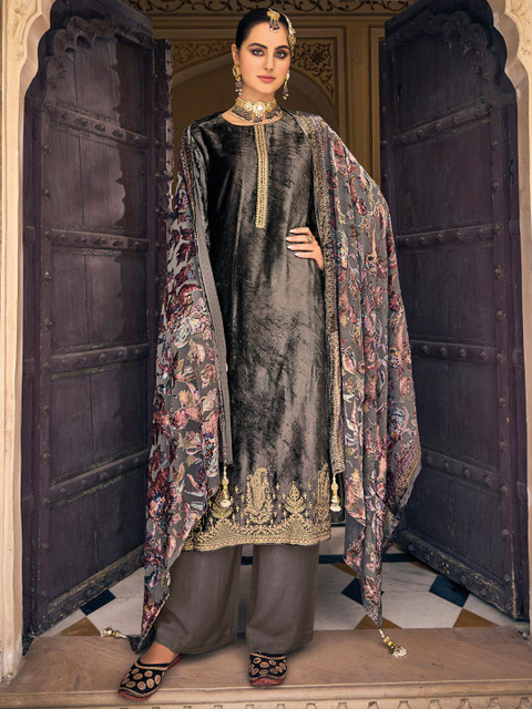 

Stylee LIFESTYLE Grey & Pink Embroidered Velvet Unstitched Dress Material