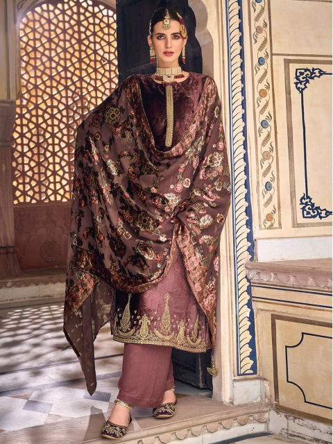 

Stylee LIFESTYLE Women Brown & Pink Embroidered Velvet Unstitched Dress Material