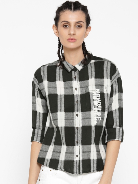 

Roadster Women Olive Green & White Relaxed Fit Checked Casual Shirt