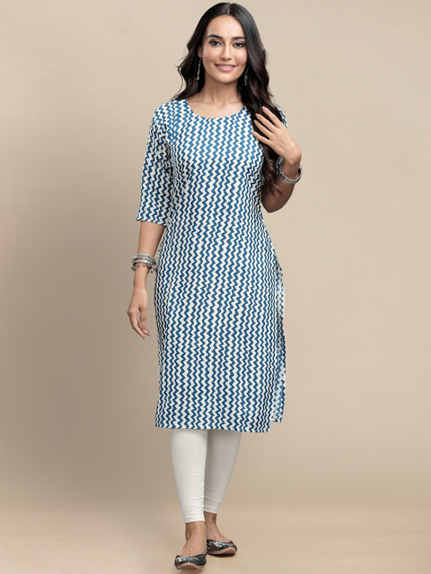 

KALINI Women Multicoloured Geometric Thread Work Block Print Crepe Kurta, Multi