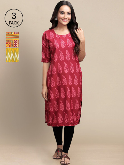 

KALINI Women Pink & Yellow Pack Of 3 Ethnic Motifs Printed Block Print Kurta