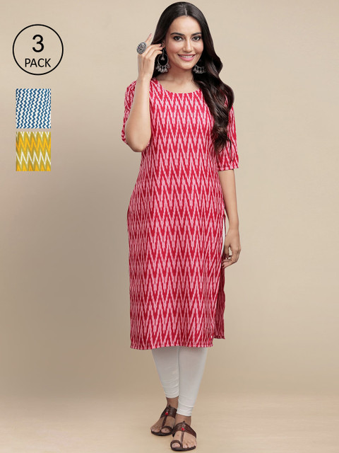 

KALINI Women White & Red Pack Of 3 Geometric Crepe Kurta