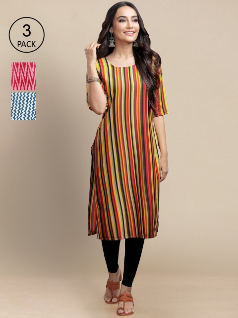 

KALINI Women Pack of 3 Chevron Printed Crepe Kurta, Multi