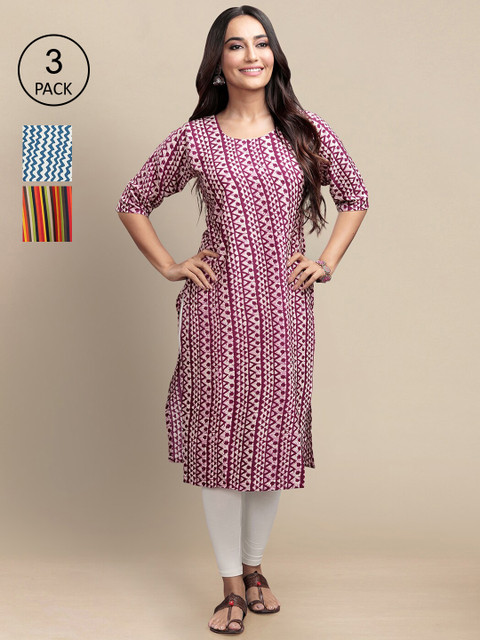 

KALINI Women Pack of 3 Printed Block Print Crepe Kurta, Maroon
