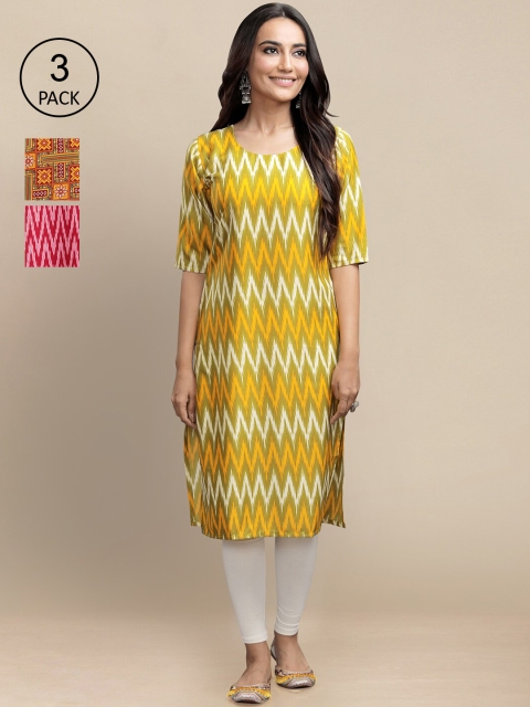 

KALINI Women Yellow & Pink Pack Of 3 Ethnic Motifs Printed Block Print Kurta