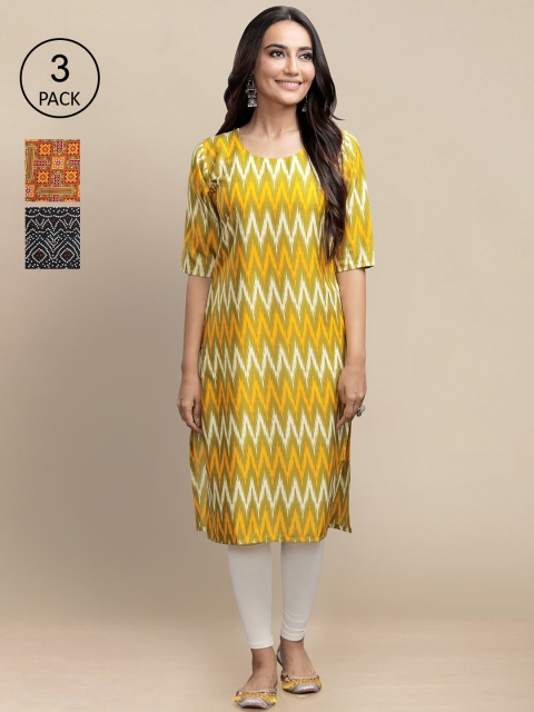 

KALINI Women Pack of 3 Ethnic Motifs Printed Crepe Kurta, Yellow