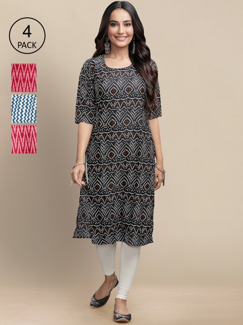 

KALINI Women Pack Of 4 Black & Pink Geometric Printed Crepe Kurta