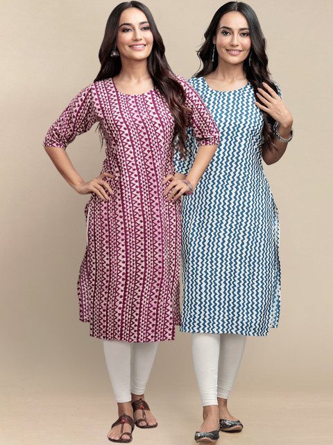 

KALINI Women Pack of 2 Maroon & Blue Chevron Printed Crepe Kurta