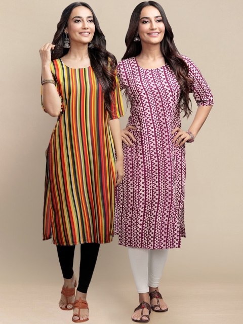 

KALINI Women Pack Of 2 Pink & Orange Ethnic Motifs Printed Crepe Kurtas