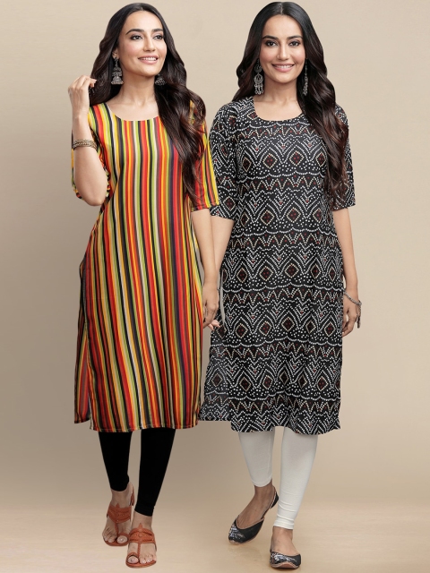 

KALINI Women Pack Of 2 Multicoloured Striped Block Print Crepe Kurta, Multi