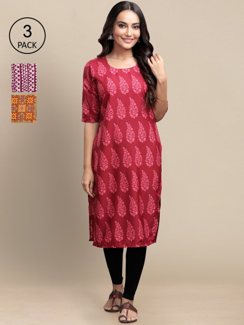 

KALINI Women Pack of 3 Ethnic Motifs Printed Crepe Kurtas, Mustard