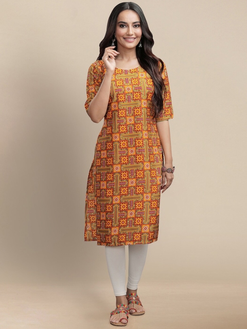 

KALINI Women Pack of 5 Geometric Printed Block Print Crepe Kurta, Mustard