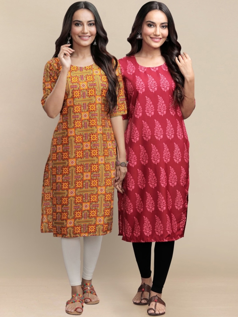 

KALINI Women Pack of 2 Red & Yellow Printed Straight Crepe Kurta
