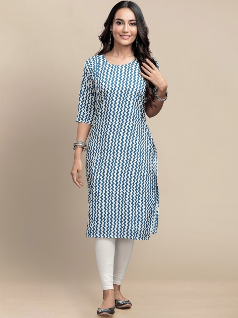 

KALINI Women White & Blue Geometric Printed Crepe Kurta