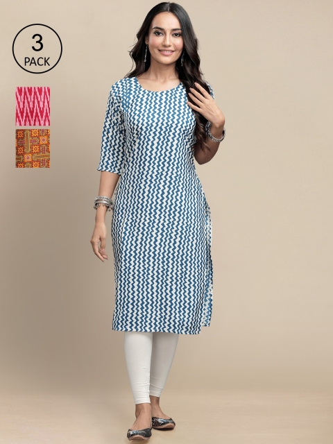 

KALINI Women Pack of 3 Geometric Printed Block Print Crepe Kurtas, Blue