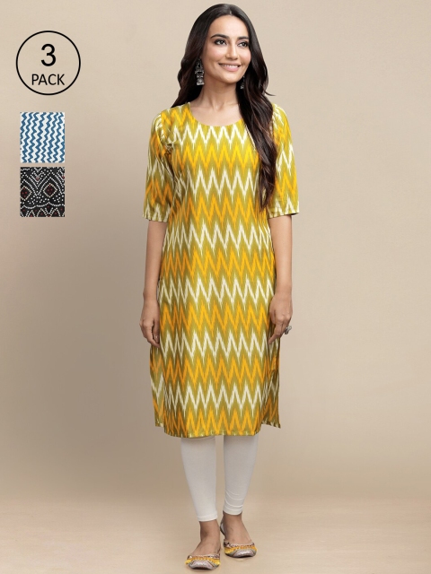 

KALINI Women Pack Of 3 Printed Straight Crepe Kurta, Yellow