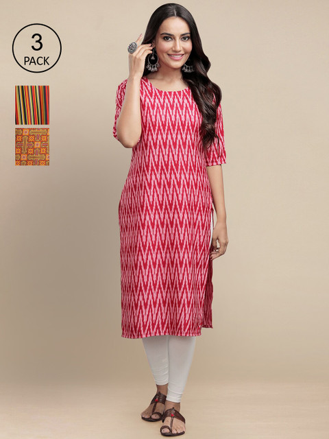 

KALINI Women Pink & Mustard Yellow Striped Block Print Crepe Kurta
