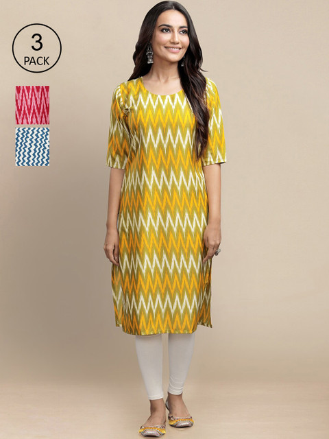 

KALINI Women Pack of 3 Chevron Printed Crepe Kurta, Yellow