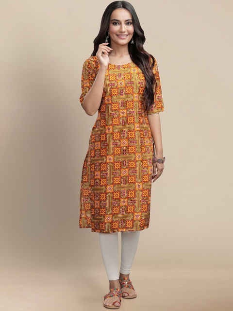 

KALINI Women Pack Of 4 Mustard Yellow & Blue Geometric Printed Crepe Kurta