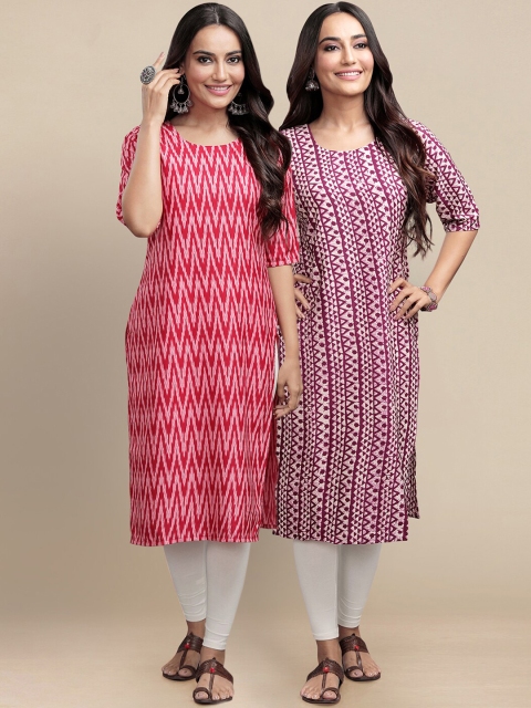 

KALINI Women Pack Of 2 Pink & Magenta Printed Crepe Straight Kurta